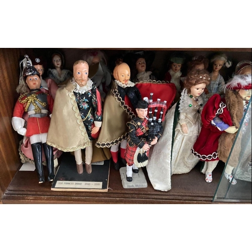 1709 - A shelf costume dolls many by Peggy Nesbitt incl; Sir Francise Drake