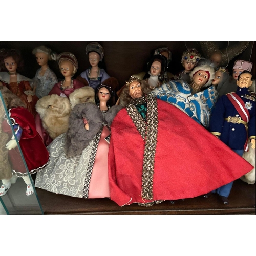 1709 - A shelf costume dolls many by Peggy Nesbitt incl; Sir Francise Drake