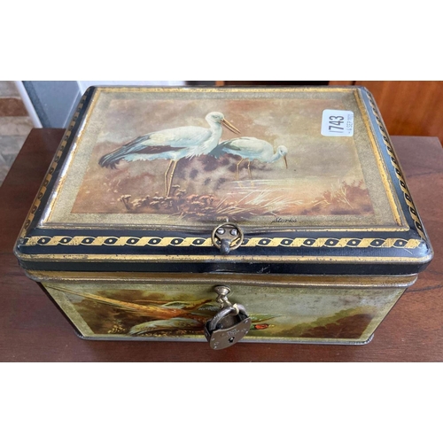 1743 - A tin biscuit box of assorted costume jewellery together with a cased manicure set