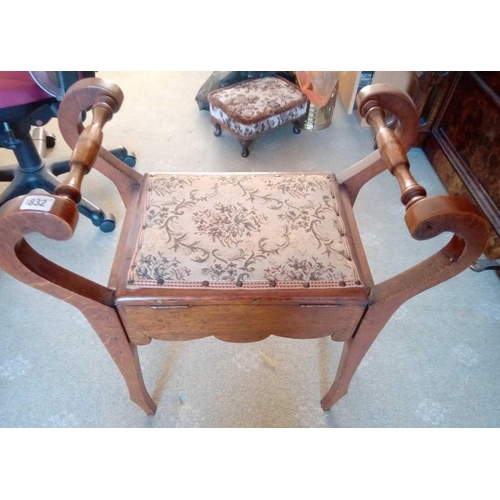 1832 - An oak framed music stool with hinged seat