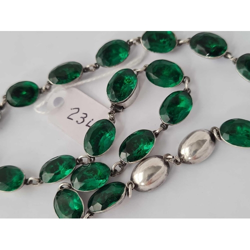 234 - ANTIQUE VICTORIAN SILVER SET WITH GREEN PASTE RIVIERE NECKLACE, LENGTH 15 INCHES WITH INTEGRAL SNAP ... 