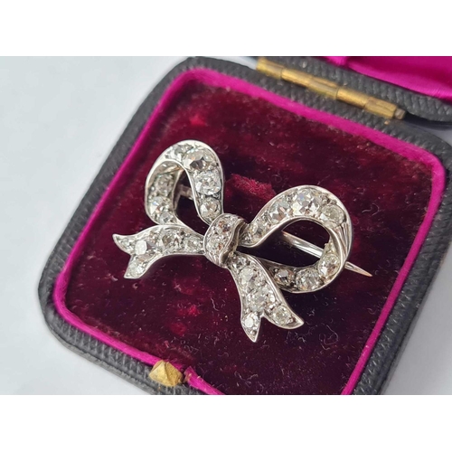 239 - ANTIQUE VICTORIAN DIAMOND SET BOW BROOCH, BOXED SET WITH APPROXIMATELY 3 CARATS OF DIAMONDS, SIZE 29... 