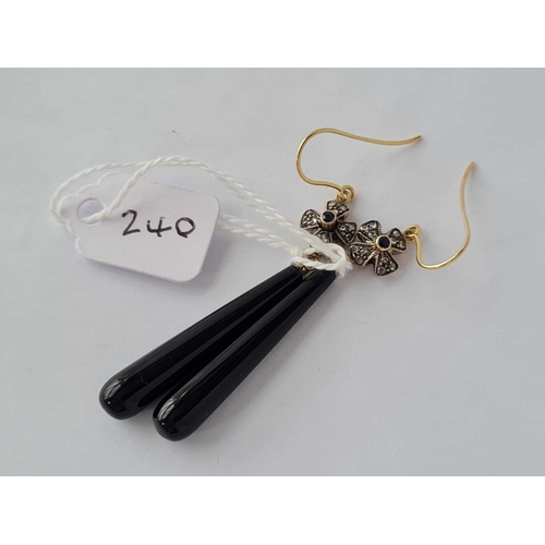 240 - PAIR OF ANTIQUE ONYX AND DIAMOND DROP EARRINGS, TOTAL LENGTH WITHOUT FITTING 47MM