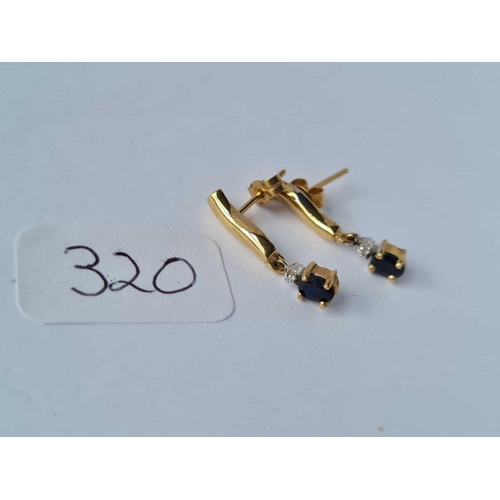 320 - A small pair of 9ct sapphire & diamond drop earrings