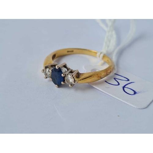 36 - A three stone sapphire and diamond ring 18ct gold size P - 3.6 gms