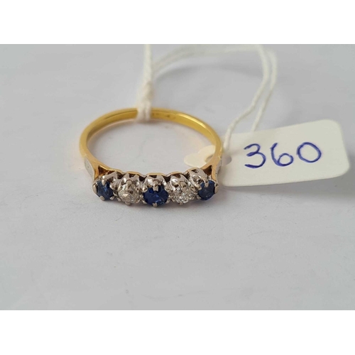 360 - A VICTORAIN FIVE STONE SAPPHIRE AND DAIMOND BAND RING 18CT GOLD AND PLATINUM SIZE T - 3.3 GMS