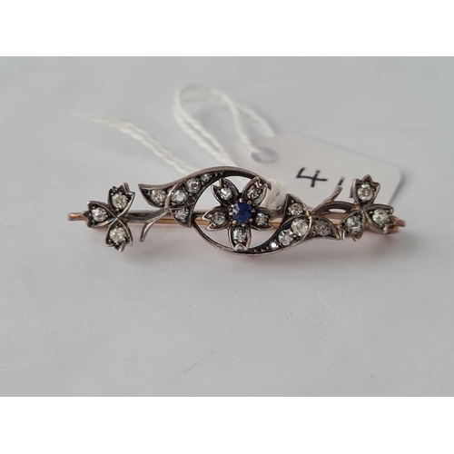 411 - ANTIQUE EDWARDIAN SAPPHIRE AND DIAMOND SET BAR BROOCH STYLISED FLORAL DESIGN