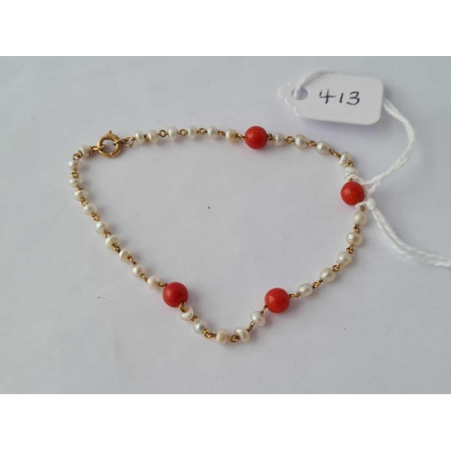 413 - ANTIQUE NATURAL PEARL AND CORAL 18CT BRACELET WITH FRENCH HALLMARKS