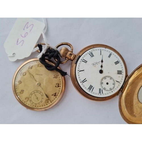 563 - A rolled gold gents half hunter pocket watch with seconds dial (hands missing) and rolled gold Tempo... 