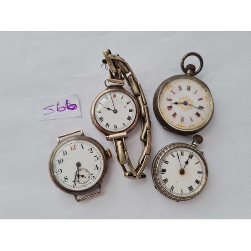 566 - Two ladies silver fob watches and two silver wrist watches