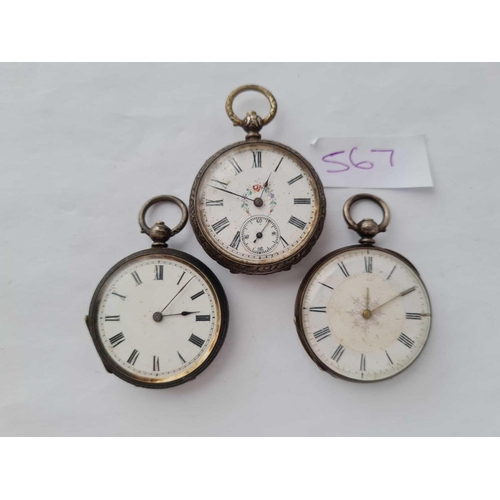 567 - Three ladies silver fob watches one with seconds dial