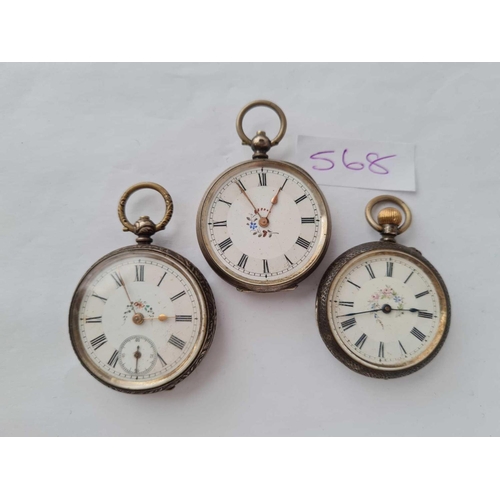 568 - Three ladies silver fob watches one with seconds dial