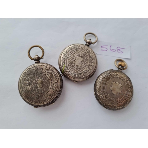 568 - Three ladies silver fob watches one with seconds dial