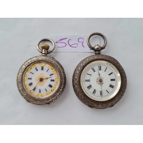 569 - Two ladies silver fob watches one no glass