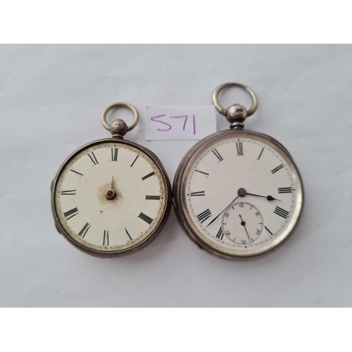 571 - Two gents silver pocket watches one with seconds dial one no hands