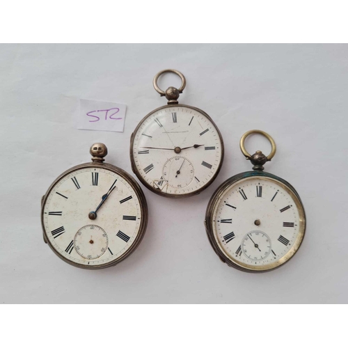 572 - Three gents silver pocket watches all with seconds dials one no hands