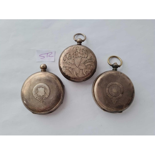 572 - Three gents silver pocket watches all with seconds dials one no hands