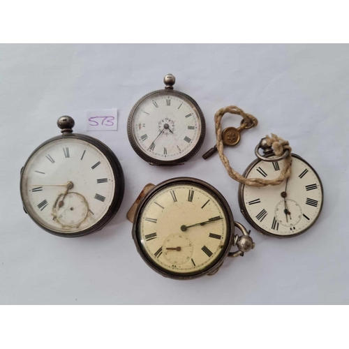 573 - Three gents silver pocket watches and one ladies silver fob watch all as found