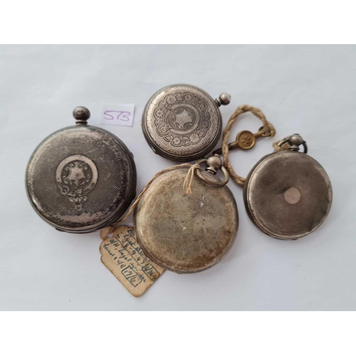 573 - Three gents silver pocket watches and one ladies silver fob watch all as found