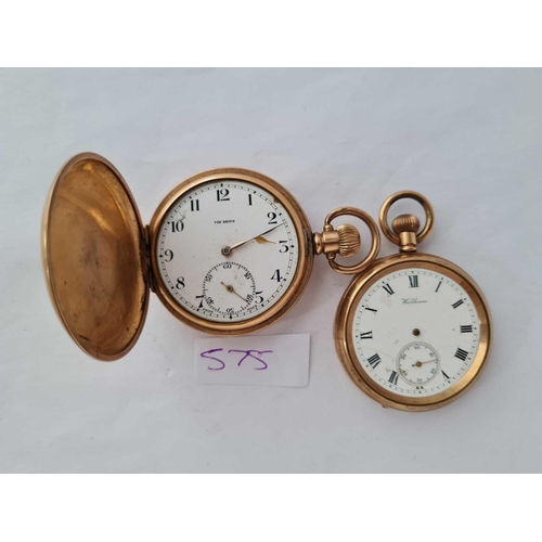 575 - Two rolled gold pocket watches one hunter with seconds dial and one Waltham no hands