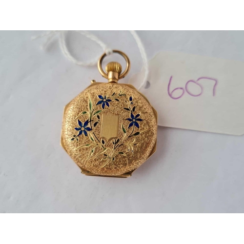 607 - A good crisp ladies goldand enamel fob watch in 14ct gold - 23.5 gms total