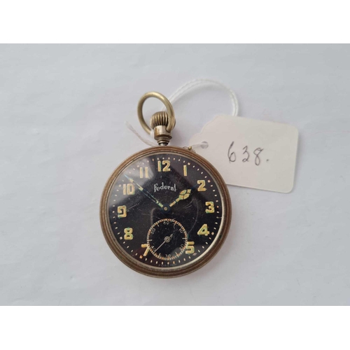 638 - A gents metal black faced pocket watch by Federal with seconds dial