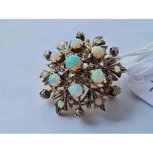 72 - ANTIQUE VICTORIAN OPAL & DIAMOND STAR BURST BROOCH PENDANT IN GOLD WITH SILVER & GOLD SETTINGS WITH ... 