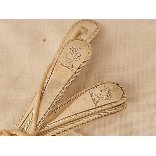 726 - A set of six early George III tea spoons with feather edge, engraving by script JW? - 79 g.