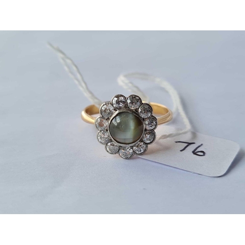 76 - ANTIQUE VICTORIAN DIAMOND CLUSTER RING SET WITH A CHRYSOBERYL CATS EYE, TOTAL WEIGHT OF DIAMONDS 1.... 