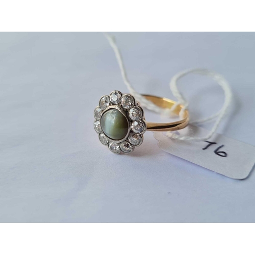 76 - ANTIQUE VICTORIAN DIAMOND CLUSTER RING SET WITH A CHRYSOBERYL CATS EYE, TOTAL WEIGHT OF DIAMONDS 1.... 