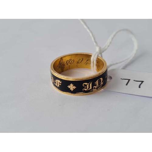 77 - Antique Victorian black enamelled ring in memoriam to a child, stamped 18ct with two makers marks RT... 