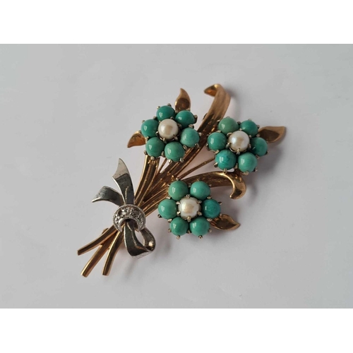 8 - A VERY ATTRACTIVE SET OF TURQUOISE, PEARL AND DIAMOND BROOCH TOGETHER WITH  MATCHING EARRINGS IN 9CT... 