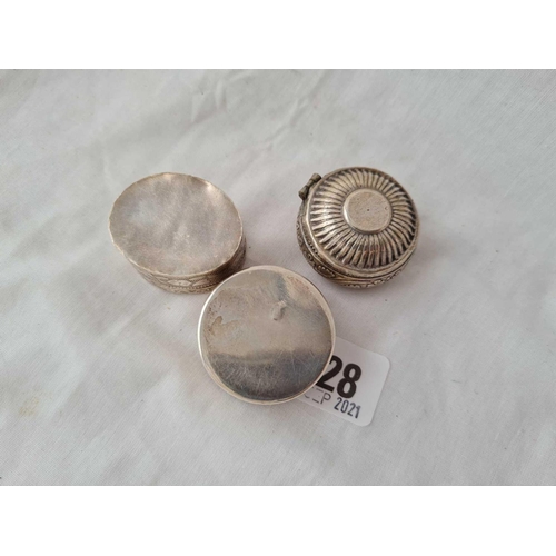 828 - Three foreign silver pill boxes inlaid with MOP