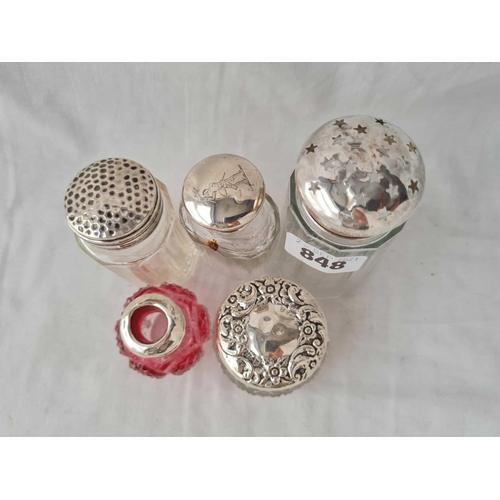 848 - Four silver mounted jars and a mounted caster