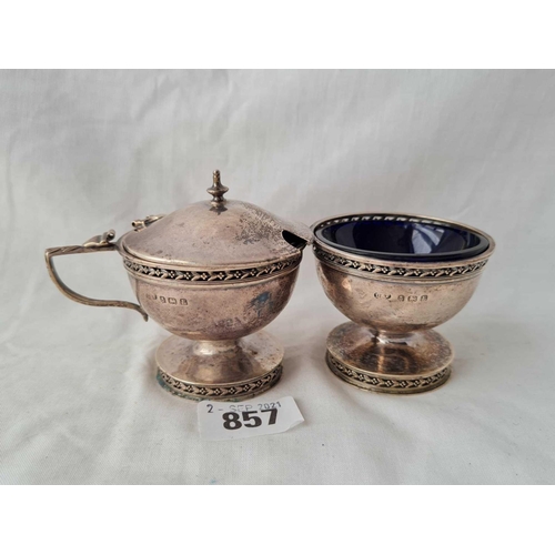 857 - A matching mustard pot and salt with pierced rims - Birmingham 1929 by D&F - 118 g. excluding BGL