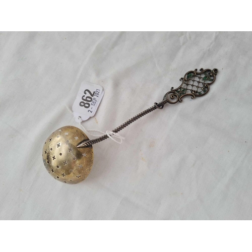 862 - A continental silver sifter spoon with Pique a Jour decorated stem