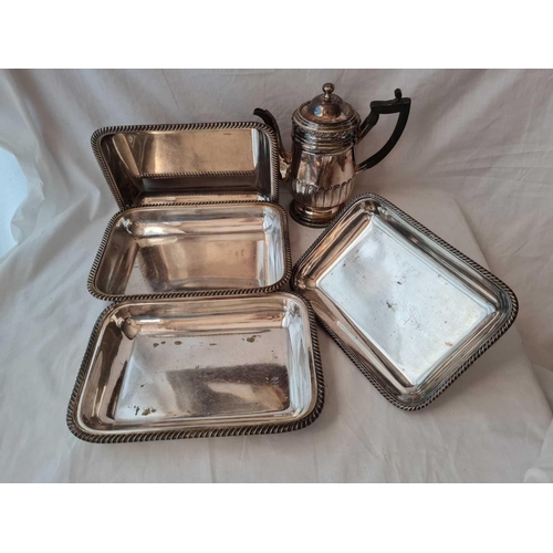 994 - Two oblong entrée dishes and covers and handles and a old Sheffield coffee jug