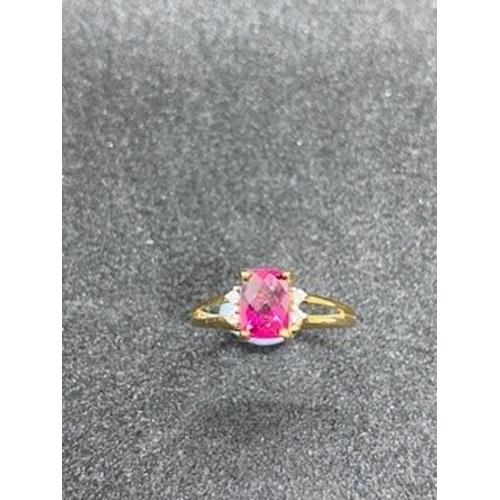 52 - A GOOD QUALITY FACITED SQUARE PINK RUBELLITE AND DIAMOND RING 9CT SIZE N- 2 GMS