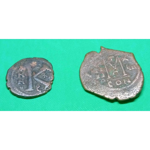 1117 - Byzantine. Maurice Tiberius follis year 18 (599-600 AD) S.494 and half-follis year 12 (593-594 AD) S... 