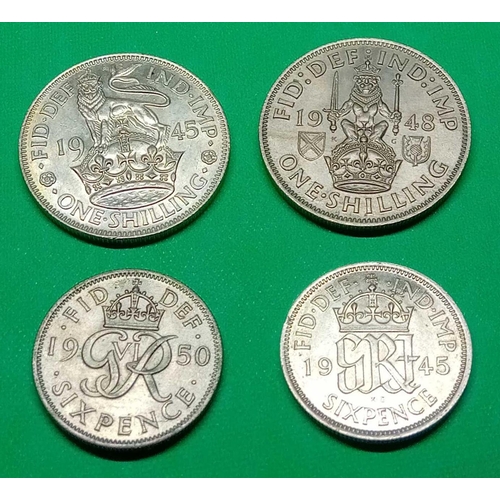 1407 - Sixpences 1943, 1950 and shillings 1945E 1948S EF uncirculated