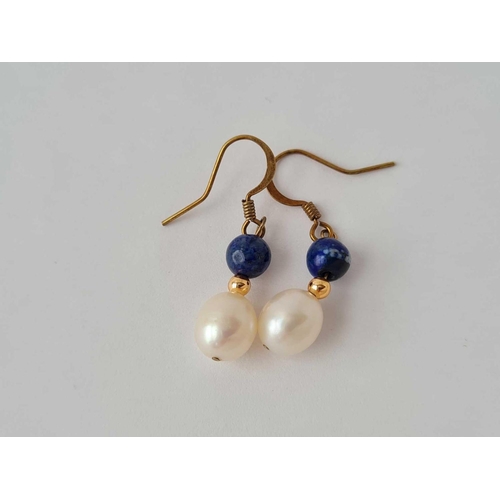 114 - A pair of lapis and pearl drop earrings