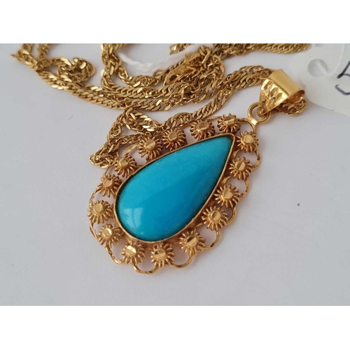 52 - A FINE 22CT GOLD TURQUOISE pendant (5cm long) on long 22ct gold chain 18.2g