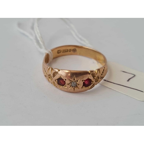 7 - A pretty Victorian three stone ruby and diamond gypsy set ring 9ct size Y - 4.5 gms