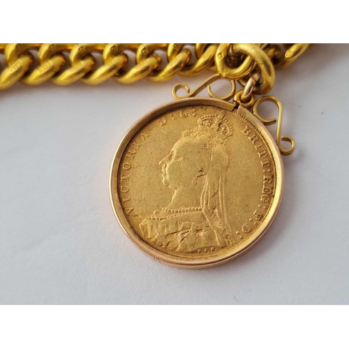 15 - A GOOD CURB LINK GOLD DOUBLE ALBERT EACH LINK INDIVIDUALLY MARKED. WITH A MOUNTED SOVEREIGN VICTORIA... 