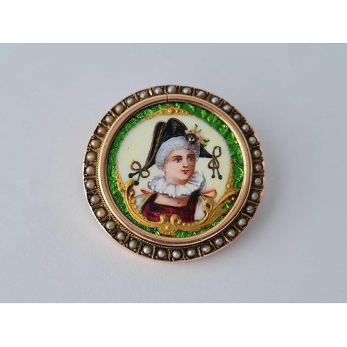 53 - ANTIQUE VICTORIAN CIRCULAR BROOCH, THE CENTRE ENAMELLED OF A WOMAN IN TRADITONAL COSTUME WITH A ROSE... 