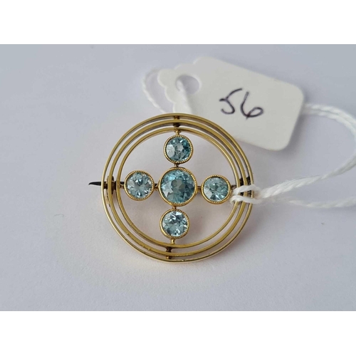56 - Antique Edwardian 15ct circular brooch set with 5 aquamarines, 23 mm diameter