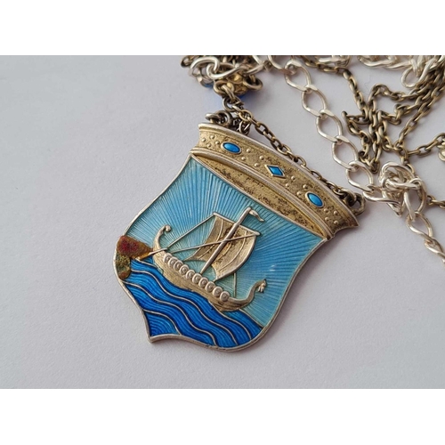 6 - A silver and enamel pendant depicting a Viking boat on chain together with a silver neck chain