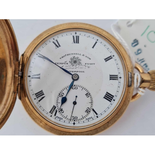 1014 - A rolled gold gents hunter pocket watch by Thos Russell and Son with seconds dial W/O