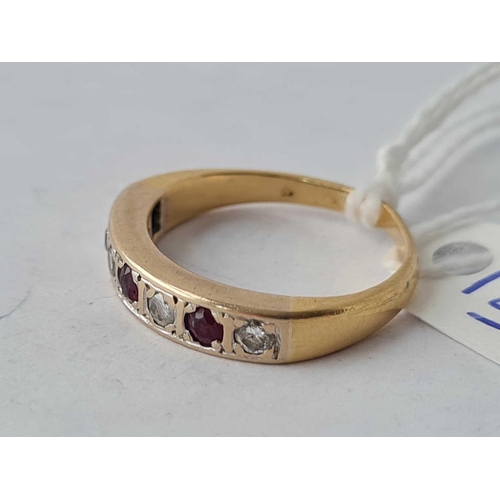 122 - A ruby and diamond half hoop ring 18ct gold size L - 3.7 gms