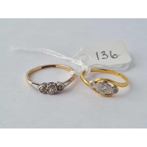 136 - Two x three stone diamond rings sizes M and N 18ct gold - 3 gms